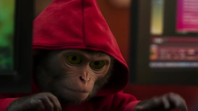 Monkey with rainbow eyes wearing a red hoodie in front of computer screens