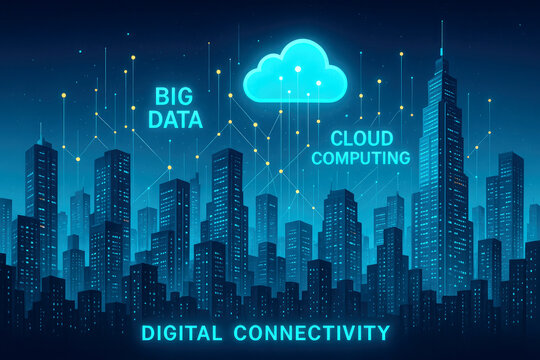 Futuristic cityscape with glowing cloud computing and big data network connections skyline skyscrapers - Powered by Adobe