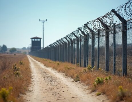 Long chain link fence with barbed wire, razor coils runs alongside dirt path through dry grass. Distant prison guard tower stands under bright clear blue sky. Secure perimeter represents harsh