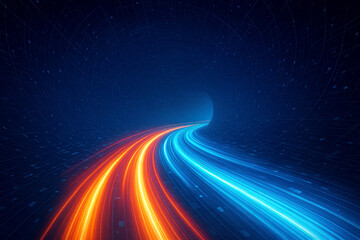 Futuristic digital tunnel with vibrant orange and blue light streaks and grid lines abstract speed