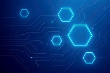 Futuristic Hexagonal Network on Blue Circuit Board Background technology digital