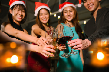  A group of beautiful girls at a company party, drinking, celebrating New Year, club party with friends.