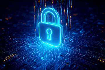Glowing Blue Padlock on a Digital Circuit Board Background security protection