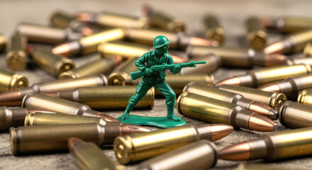 Green Toy Soldier Standing Amidst Real Rifle Ammunition and Bullets