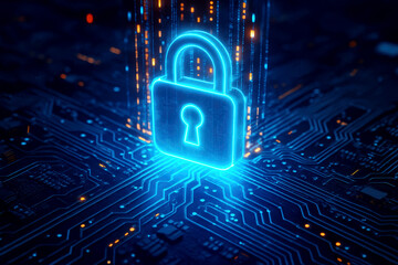 Glowing blue padlock symbol on a digital circuit board with orange light trails digital security cybersecurity