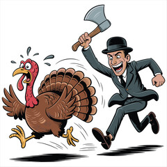 Man with axe chases frightened turkey festive holiday humor cartoon art