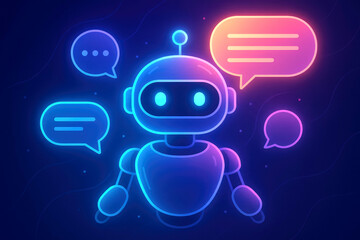 Glowing chatbot robot with colorful speech bubbles against a dark blue background artificial intelligence