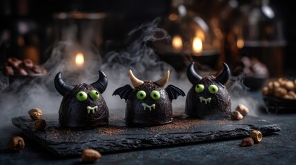 Fototapeta premium Three spooky chocolate monster cakes with green eyes horns and wings are the perfect Halloween treats for a festive and fun celebration