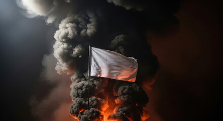 White Flag of Surrender Waving Amidst Dark Smoke and Fire