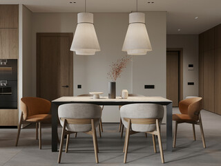 Dining area featuring modern furniture, pendant lighting, and neutral tones.