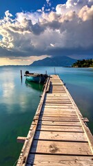 Fototapeta premium Wooden pier extends into calm, turquoise waters under a cloudy sky