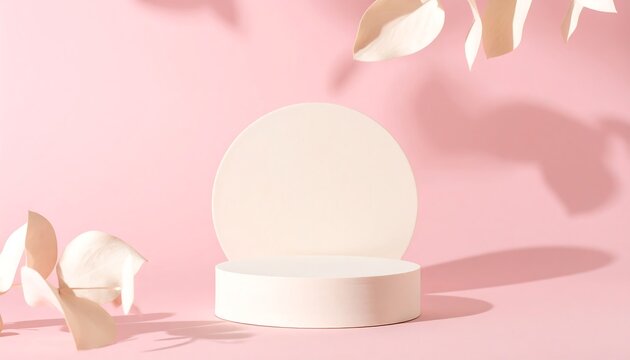 Elegant Product Display - Minimalist Podium with Floral Accents on Pink. - Powered by Adobe