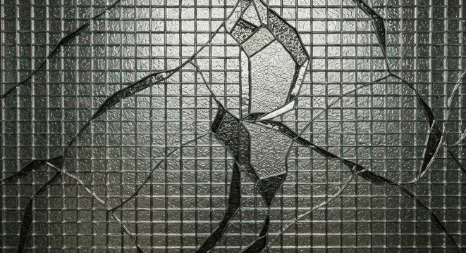 Shattered mosaic of grey tiles, cracked pattern, and abstract geometry