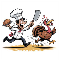 Excited chef chases running turkey holding pie and cleaver cartoon fun