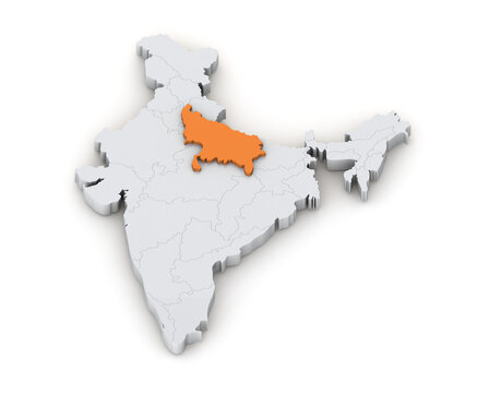 Uttar Pradesh state 3d map in India isolated on transparent background. Three-dimensional India's state map. India map 3d Illustration.