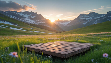 Wooden platform overlooking stunning mountain valley at sunset with wildflowers blooming