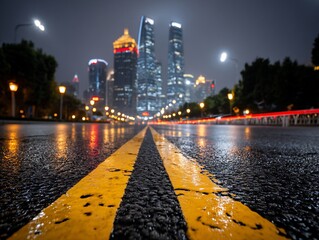 Cityscape Reflections Wet asphalt bright lights blurred skyscrapers