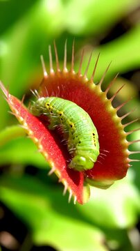 Caterpillar Crawling Into a Venus Fly Trap, Close Up