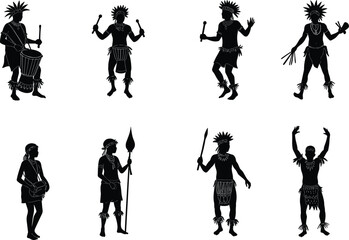 Tribal Silhouette Vector Set Featuring Indigenous People with Drums, Spears, Headdresses, and Ritual Dance Poses for Cultural and Ethnic Themes