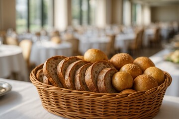 Fresh Bread Basket On Buffet Table. A wicker basket filled with sliced bread and rolls displayed on a white tablecloth in a bright dining room with round tables.