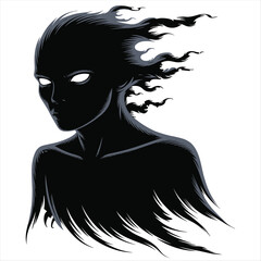 Mysterious shadow figure with glowing eyes emanating energy and flowing hair