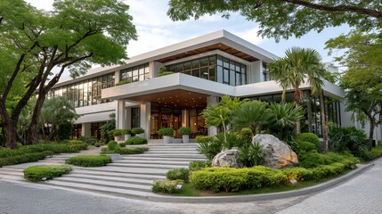 Elegant modern building enveloped by verdant garden