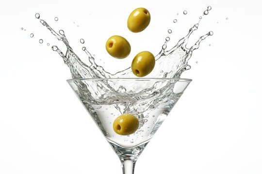 Martini Splash With Olives. A classic martini in a clear glass captured mid-splash as green olives fall into the liquid, creating a dynamic and elegant scene.