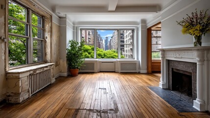 Elegant sunlit room overlooking city park