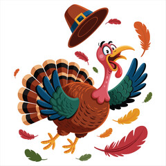 Playful cartoon turkey wearing a pilgrim hat celebrates autumn and thanksgiving with falling feathers