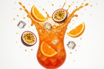 Tropical Cocktail Splash With Orange And Passionfruit. A vibrant orange cocktail splashes in a tall glass with ice cubes, orange slices, and passionfruit, creating a dynamic summer scene.