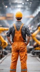 Factory worker surveys robot arm assembly line