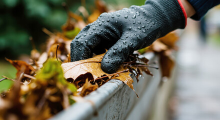 Hand wearing glove clearing leaves from a rain-soaked gutter  