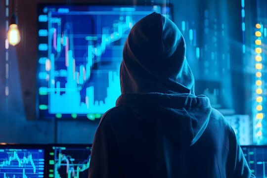 Digital Shadow: A hooded figure, silhouetted against a backdrop of illuminated financial charts, embodies the enigmatic nature of data and the digital realm.
