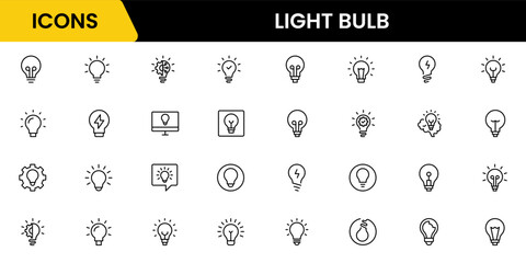 Light bulb idea line icons. Vector electric energy lamps and lightbulbs isolated outline symbols for creative solution, idea, innovation and inspiration concept.