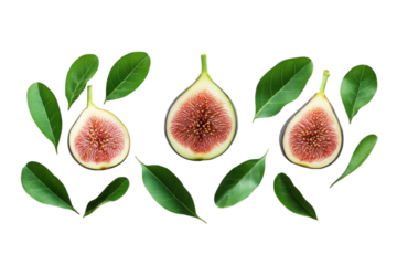 Sliced figs with green leaves create a fresh and vibrant food composition on transparent background