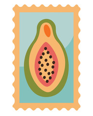 Vector art of a stylized illustration of a papaya fruit, cut in half to reveal its seeds, presented as a postage stamp