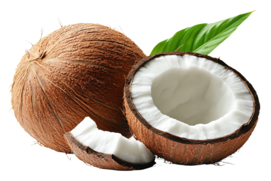 Fresh coconuts with a green leaf showcase tropical fruit and healthy eating for summer recipes and desserts on transparent background - Powered by Adobe