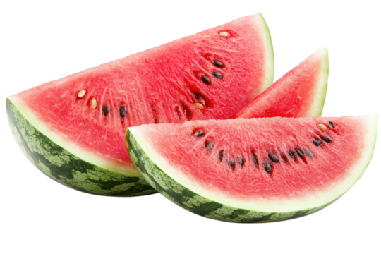 Fresh watermelon slices showing juicy red flesh and black seeds against a for summer vibes on transparent background