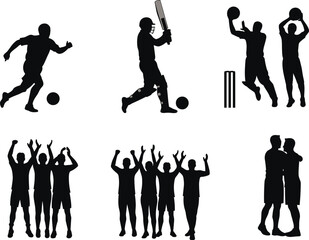 Vector silhouettes of athletes playing soccer, cricket, basketball and celebrating teamwork, sportsmanship, and dynamic motion for sports design