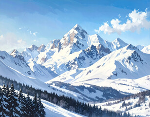 Majesty of the Alpine Winter: Snow-Capped Peaks and Sunlit Slopes