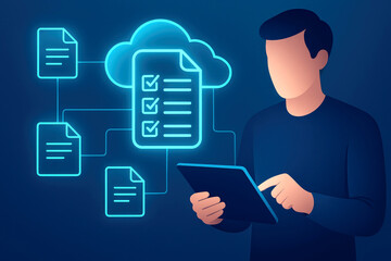 Man with tablet interacting with glowing cloud icon and digital documents computing data