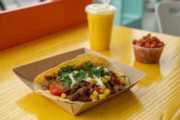 A vibrant close-up shot of a gourmet beef taco on a bright yellow table with fresh toppings