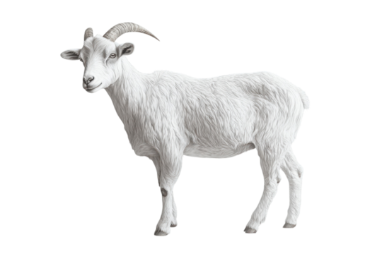 Majestic mountain goat with white fur and curved horns stands against a looking forward on transparent background