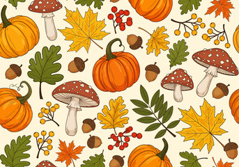 Autumn Harvest Pattern: Pumpkins, Leaves, Acorns, and Mushrooms Illustration