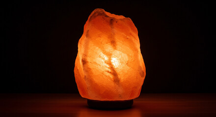 Himalayan Salt Lamp Glowing Warmly on Wooden Surface