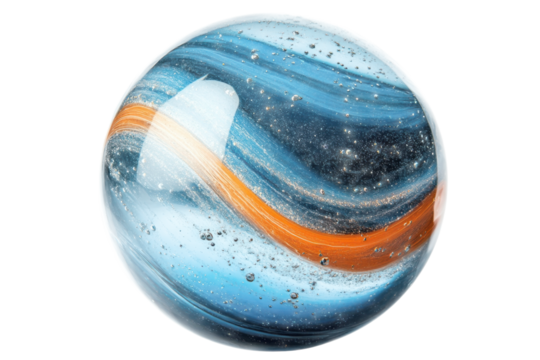 Glass marble with swirling blue and orange colors creates a mesmerizing and captivating visual effect on transparent background