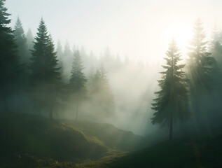 Mystic Forest Dawn: Sunbeams and Fog in a Pine Woods