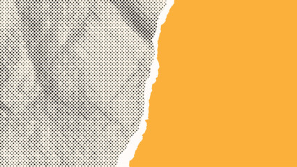 Background with part of comic halftone dotted crumpled paper. Empty torn page with uneven white edges. Yellow funny cool retro banner. Template for text box, layout, collage. Vector EPS10 1920, 1080