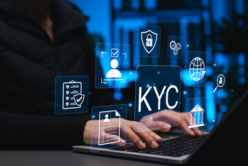Know Your Customer (KYC) concept. Person using identity verification on laptop, secure client onboarding, compliance, anti-money laundering (AML), personal data protection in financial or regulatory.