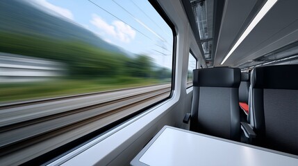 Obraz premium Interior shot of a modern high speed train showing the window view with motion blur as the train travels along the railway. 